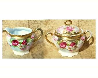 Antique Sugar and Creamer Set Wallender Austria Hand Painted Roses Victorian Porcelain Floral Shabby Cottage