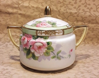 Antique Nippon Sugar Bowl Hand Painted Pink Roses Green Band Shabby Cottage Chic