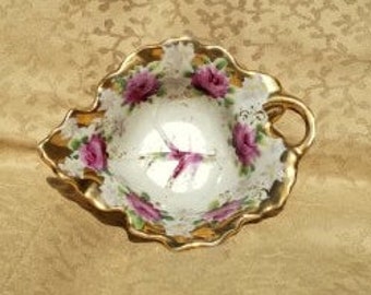 Antique Nippon Victorian Sauce or Mayonnaise Dish Hand Painted Roses Porcelain Leaf Nappy French Country Shabby Victorian Cottage Chic