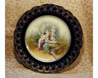 Antique M Redon Limoges Portrait Plate 9.5" Porcelain Cobalt Border Victorian Shabby Cottage Chic