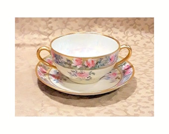Antique Victorian Cream Soup Bouillon Cup and Plate Hand Painted Artist Signed IC Clow Floral Shabby Cottage Chic