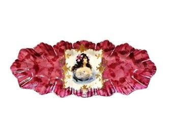 Plato de apio antiguo de porcelana imperial austriaca, retrato victoriano, magenta, rosa, estilo rústico y elegante.