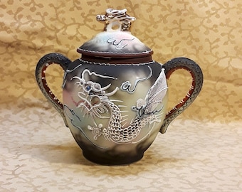 Antique Dragonware Sugar Bowl 1920s Gray Moriage Dragon Blue Eyes Shabby Cottage Chic