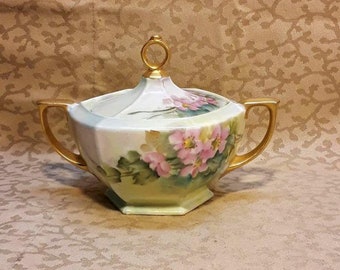 Antique MZ Altrohlau Sugar Bowl Bryan Hand Painted Porcelain Victorian Pink Roses Shabby Cottage