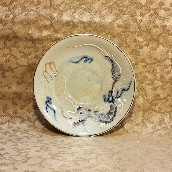 Antique Betsons Dragonware Demitasse Saucer 5" 1930s Opalescent Lustre Moriage Dragon Blue Eyes Shabby Cottage Chic