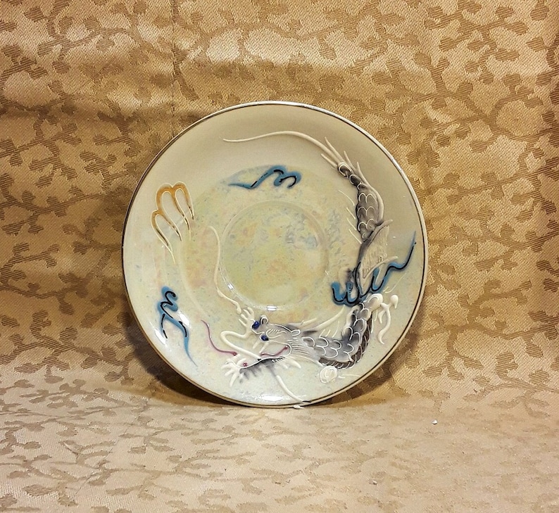 Antique Betsons Dragonware Demitasse Saucer 5 1930s Opalescent Lustre Moriage Dragon Blue Eyes Shabby Cottage Chic image 1
