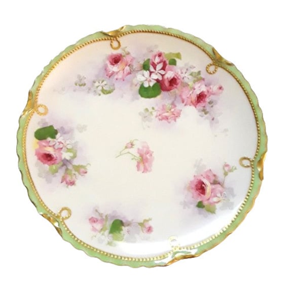 アンティーク ランタン リモージュ プレート 磁器 ピンクのバラ 花柄 