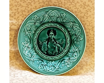 Antique French Majolica Plate Emile Rigal and Jules Sanejouand Green Glaze Portrait Goddess Ceres Shabby Cottage