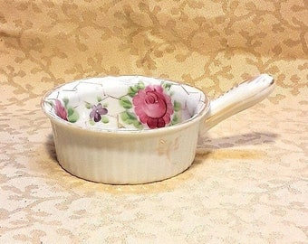 Antique Nippon Ramekin with Handle Hand Painted Porcelain Pink Rose Gold Trim Shabby Cottage Chic