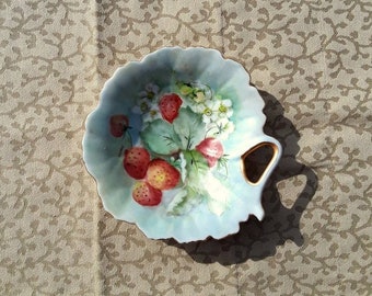 Vintage Strawberry Bowl Nappy Serving Dish Hand Painted Porcelain Shabby Cottage Chic