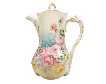 Vintage Chocolate Pot Hand Painted Pink Roses Signed