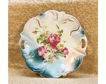 Antique RS Prussia Cake Plate 10.5" Porcelain Pink Roses Victorian Floral Shabby Cottage Chic