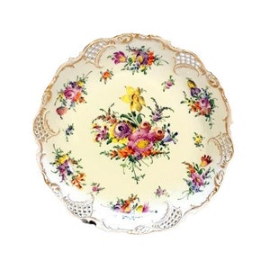 Antique Dresden Flowers Bowl 10.25&quot; Hand Painted Reticulated Rim Gilded Victorian Shabby Cottage Chic