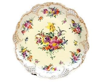 Antique Dresden Flowers Bowl 10.25" Hand Painted Reticulated Rim Gilded Victorian Shabby Cottage Chic