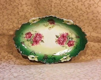 Antique Bowl Pink Roses Poppies Ombre Green Border Victorian Shabby Cottage Chic