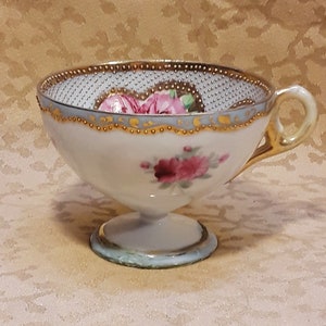 Antique Nippon Demitasse Cup Hand Painted Heavily Gilded Moriage Dots Pink Roses Victorian Shabby Cottage image 3