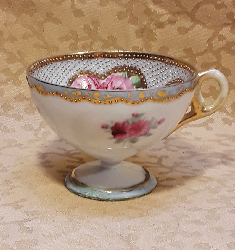 Antique Nippon Demitasse Cup Hand Painted Heavily Gilded Moriage Dots Pink Roses Victorian Shabby Cottage image 3