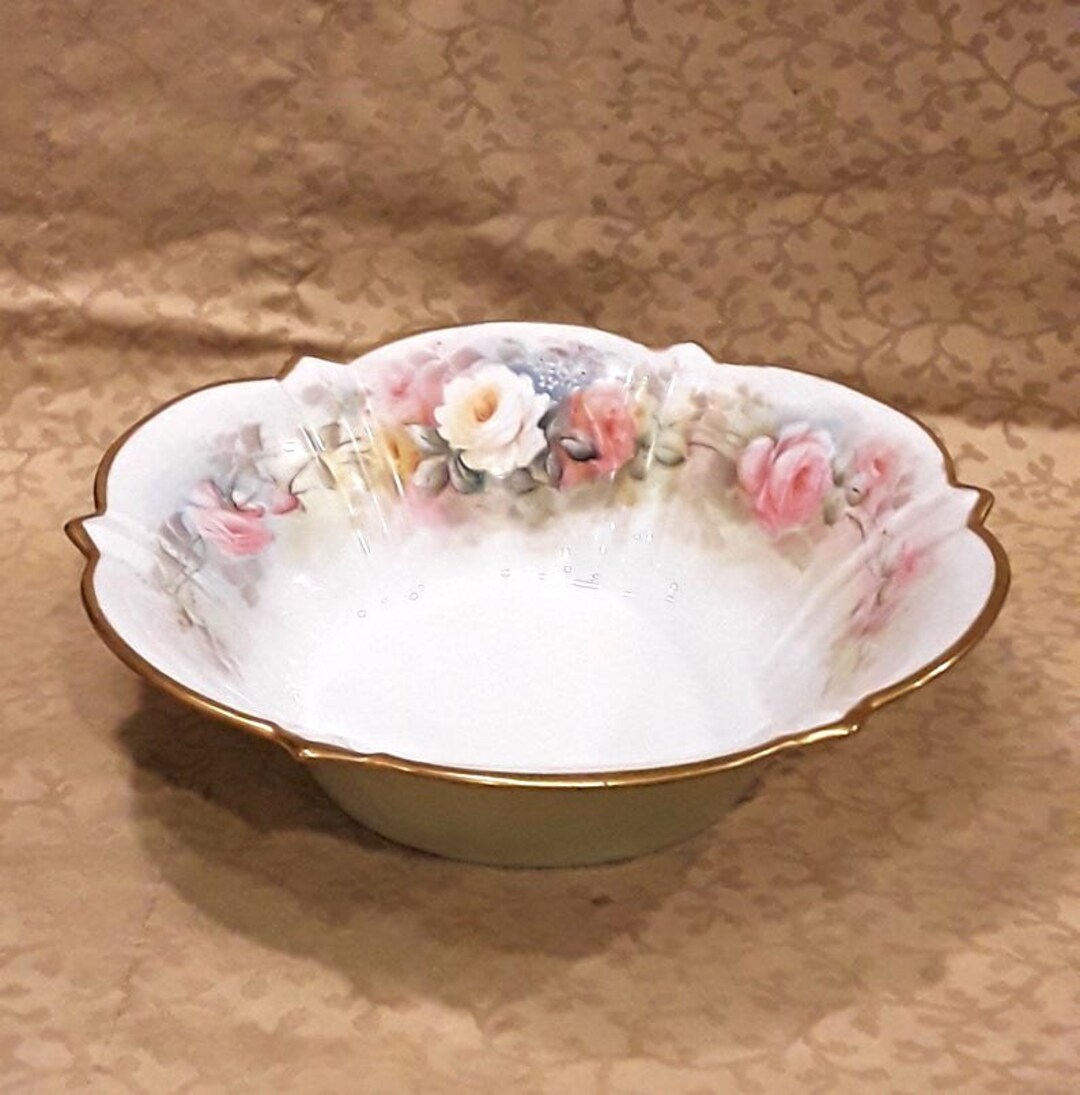 Antique Salad Bowl / Fruit Bowl 10 Hand Painted Porcelain Pink Yellow