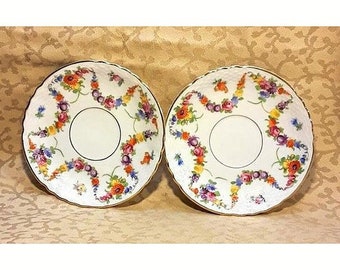 PAIR Vintage 1930s EPIAG Dresden Flowers 9195 Pattern Demitasse Saucers Pair Porcelain Shabby Cottage Chic