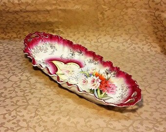 Antique Relish Dish Hand Painted Pink Flowers Burgundy Trim Porcelain Shabby Cottage Chic