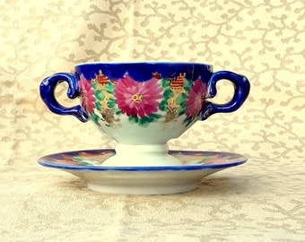 Antique Nippon Mustard Pot Cobalt Blue Hand Painted Porcelain Pink Roses Floral Shabby Cottage Chic