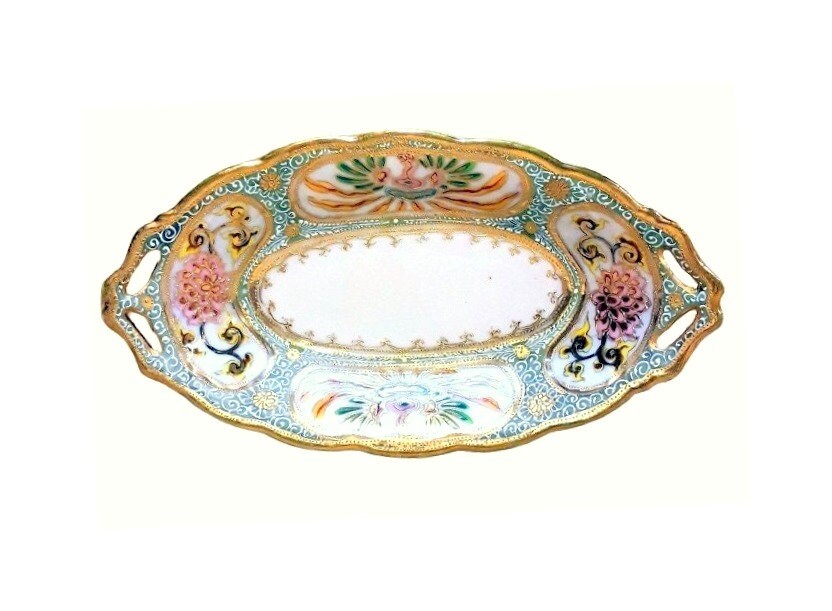 HAND PAINTED NIPPON 果物柄 大皿 アンティーク Antique Japan IECO Relish Dish Hand Painted Phoenix Raised Moriage