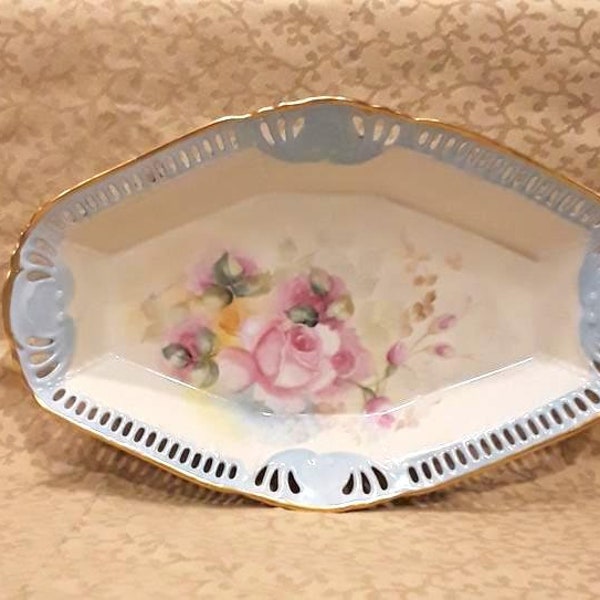 Antique Victorian Reticulated Celery Dish Hand Painted Signed SM Gonzales Pink Roses Porcelain Floral Shabby Cottage Chic