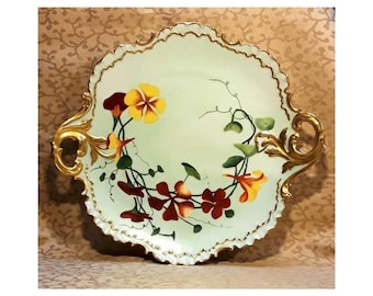 Antique Rosenthal Cake Plate Hand Painted Nasturtiums Porcelain Signed CC Hulme 1899 Victorian Floral Shabby Cottage