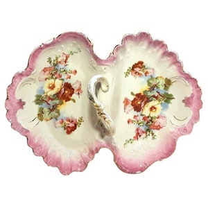 Antique German Lobster Divided Serving Dish Victorian Floral Pink Trim Shabby Cottage Chic