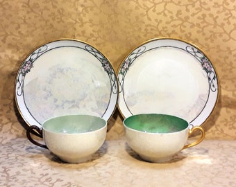 Antique Pair Cup and Saucer Set Hand Painted Art Deco Lustre Paul Muller Shabby Cottage Chic