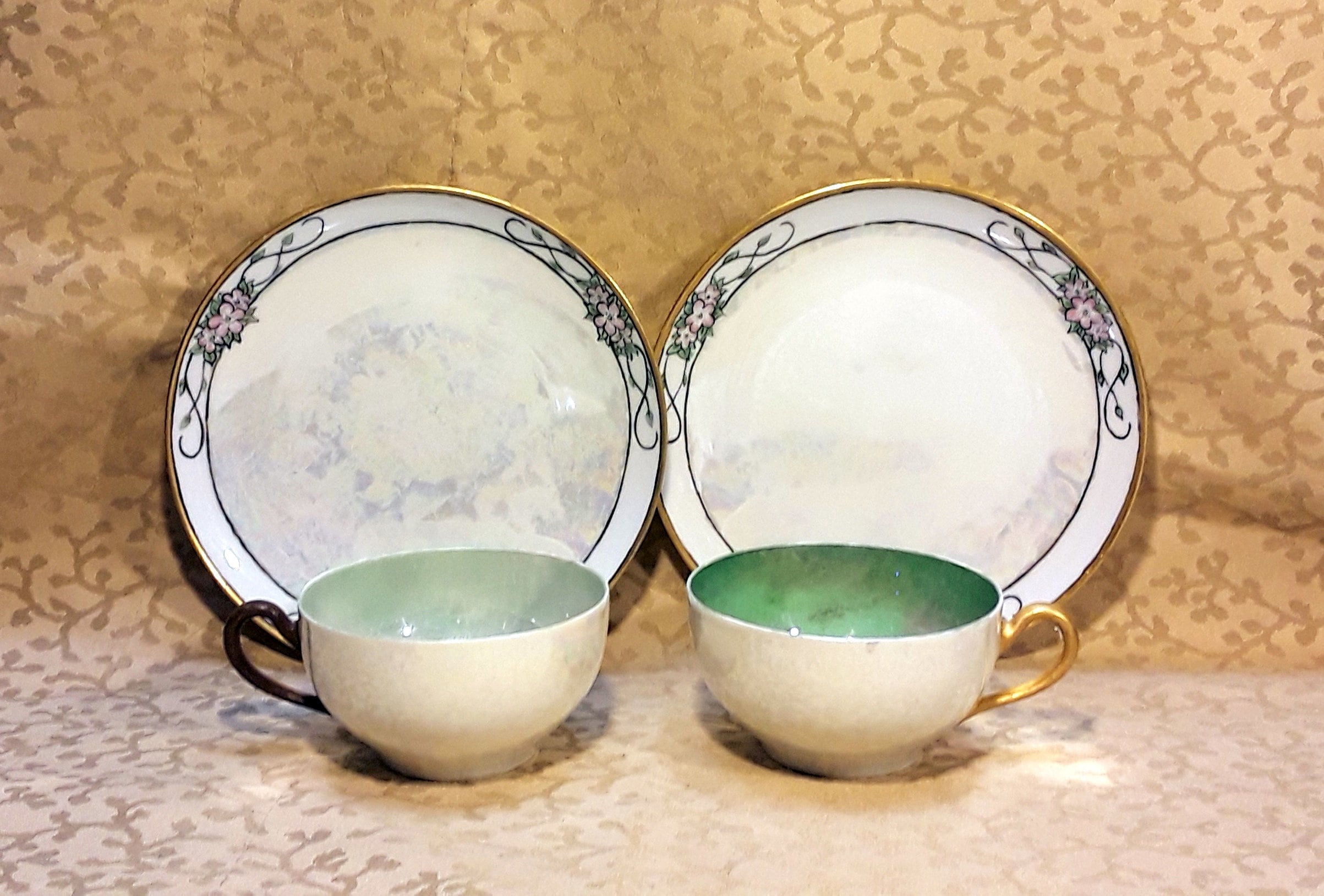 Antique Pair Cup and Saucer Set Hand Painted Art Deco Lustre Paul Muller Shabby Cottage Chic