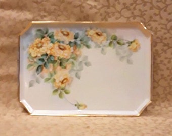 Antique Vanity Tray Hand Painted Victorian Yellow Roses Porcelain Signed M. Wassem Shabby Cottage Chic