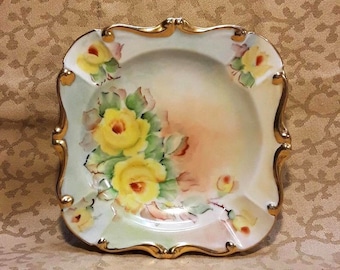 Vintage Large Ashtray Hand Painted Yellow Roses Signed Nan Yeatman Porcelain 1940s Floral Shabby Cottage Chic