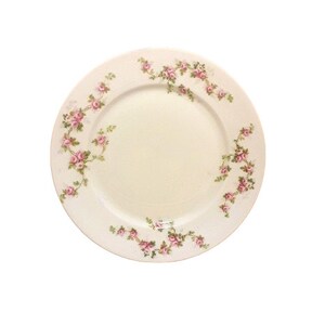 May include: A white ceramic plate with a delicate floral design featuring pink roses and green leaves around the rim.