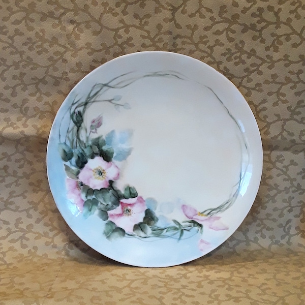 Antique TV Limoges Plate 8.25" Porcelain Signed CB Combs Victorian Shabby Pink Roses Cottage Chic