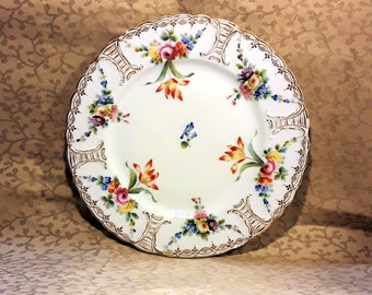 Antique Haviland Limoges Dinner Plate 9.5" Hand Painted Porcelain Dresden Flowers Victorian Shabby Cottage Chic