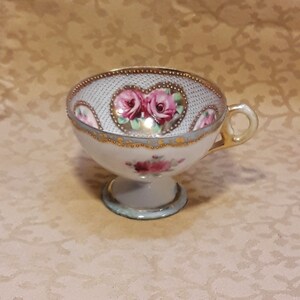 Antique Nippon Demitasse Cup Hand Painted Heavily Gilded Moriage Dots Pink Roses Victorian Shabby Cottage image 2