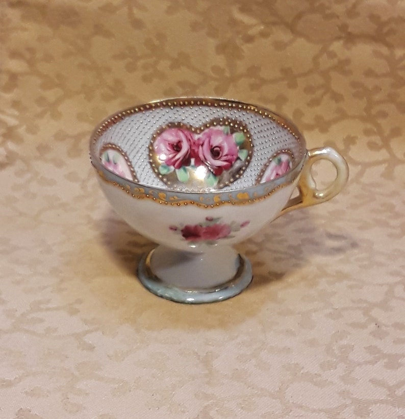 Antique Nippon Demitasse Cup Hand Painted Heavily Gilded Moriage Dots Pink Roses Victorian Shabby Cottage image 2