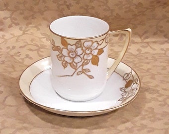 Antique Nippon Chocolate Demitasse Cup and Saucer Cherry Blossoms Hand Painted Victorian Floral Shabby Cottage Chic