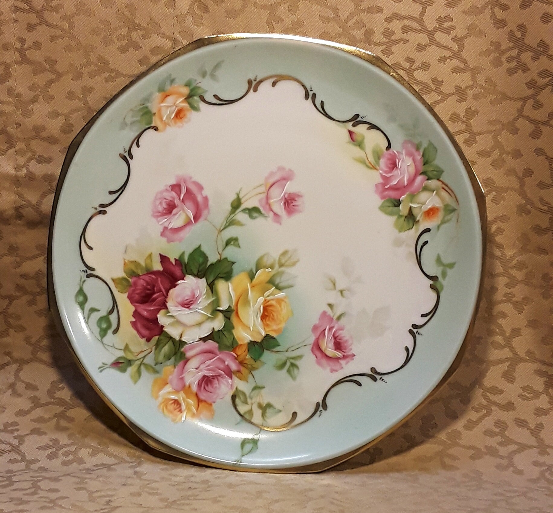 Antique MZ Austria Plate: Hand-painted Pink Roses, Shabby Chic