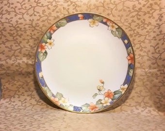 Antique Nippon Plate Hand Painted Porcelain Yellow and Orange Flowers Blue Band Shabby Cottage Chic