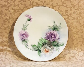 Antique Thomas Bavaria Bread Plate 6" LEW 1905 Hand Painted Purple Mums Shabby Cottage Chic