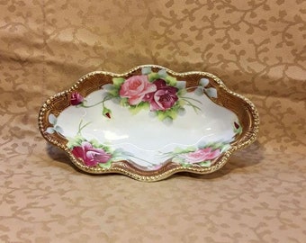 Antique Nippon Celery Dish Hand Painted Porcelain Richly Gilded Pink Roses Floral Shabby Cottage Chic