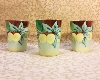 Antique Lemonade Cups Tumblers Set of Three Hand Painted Germany Lemons Victorian Era Shabby Cottage Chic