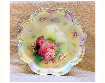 Antique RS Prussia Bowl 11" Porcelain Pink Yellow Victorian Floral Shabby Cottage Chic