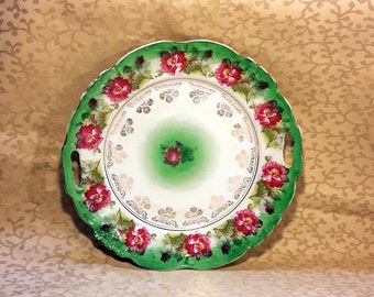 Antique Victorian Cake Plate Deep Pink Roses Green Border Shabby Cottage Chic