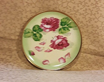 Antique Mavaleix & Granger Limoges Plate 7.5" Porcelain Hand Painted Victorian Pink Roses Shabby Cottage Chic