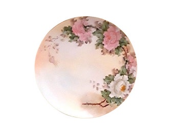 Plato antiguo de postre o ensalada de porcelana pintada a mano JCH Parker con rosas rosas, estilo victoriano floral, estilo rústico shabby chic
