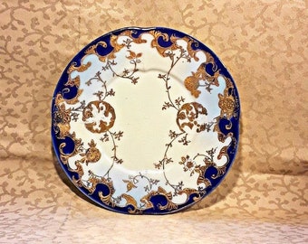 Antique Nippon Handpainted Cabinet Plate 7.5" Cobalt Blue Raised Gold Enamel Floral Victorian