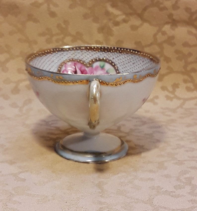 Antique Nippon Demitasse Cup Hand Painted Heavily Gilded Moriage Dots Pink Roses Victorian Shabby Cottage image 8